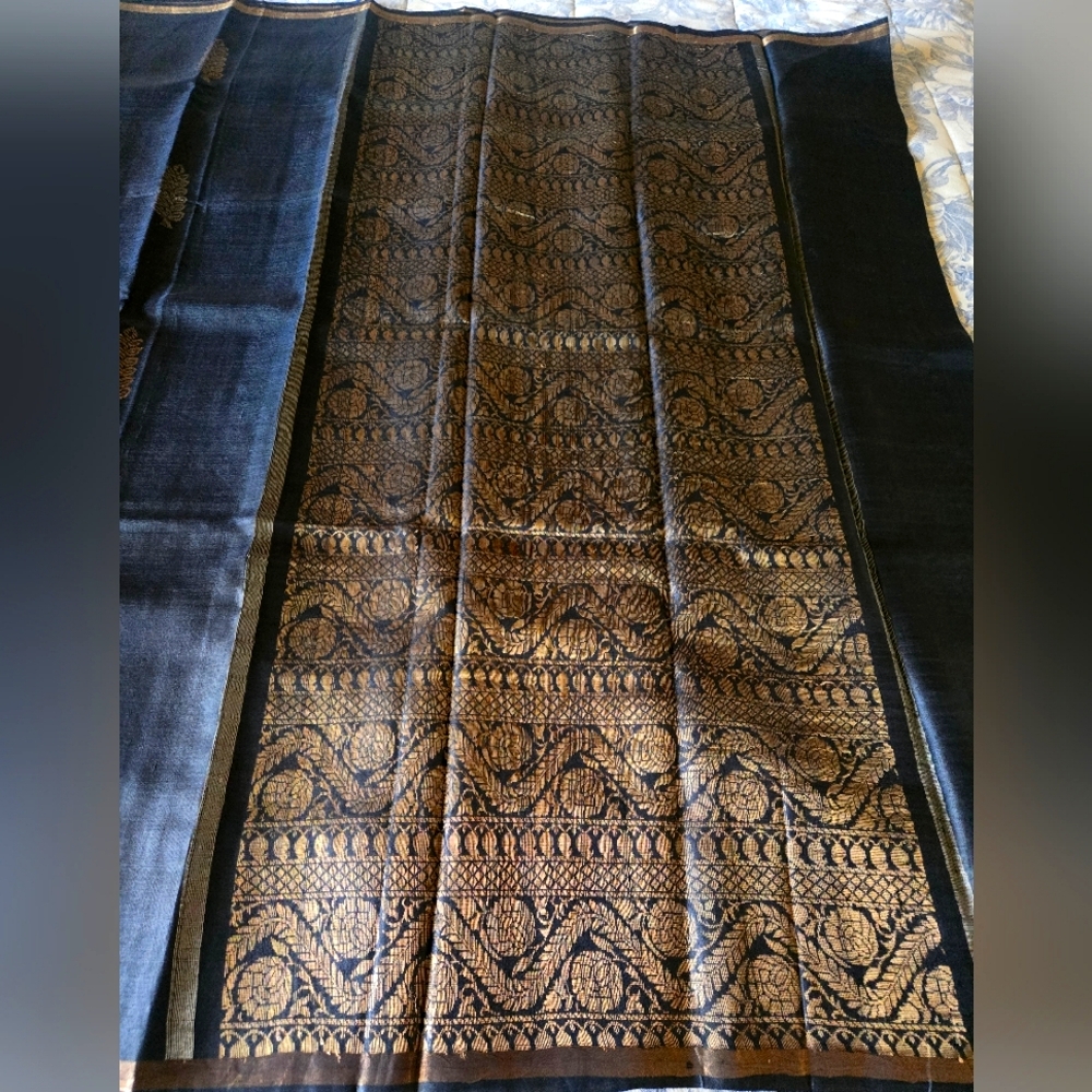 Beautiful New Dark Charcoal Grey Pure Muga Tussar Silk Sari With Zari & Blouse